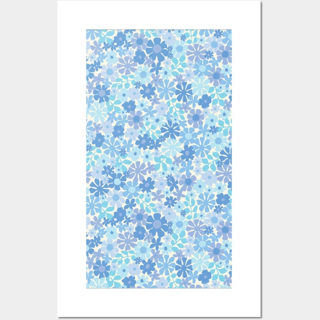 RETRO BLUE FLORALS GROOVY 60S PATTERN DITSY DAISY SCANDINAVIAN AESTHETIC TURQUOISE PASTEL BLUE Wall Art by blomastudios